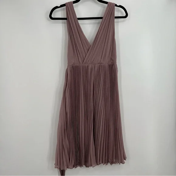 NWT Rebecca Taylor V-Neck Pleated Minj Dress Wedding Rose Chiffon Tie Waist 6 - Picture 2 of 6